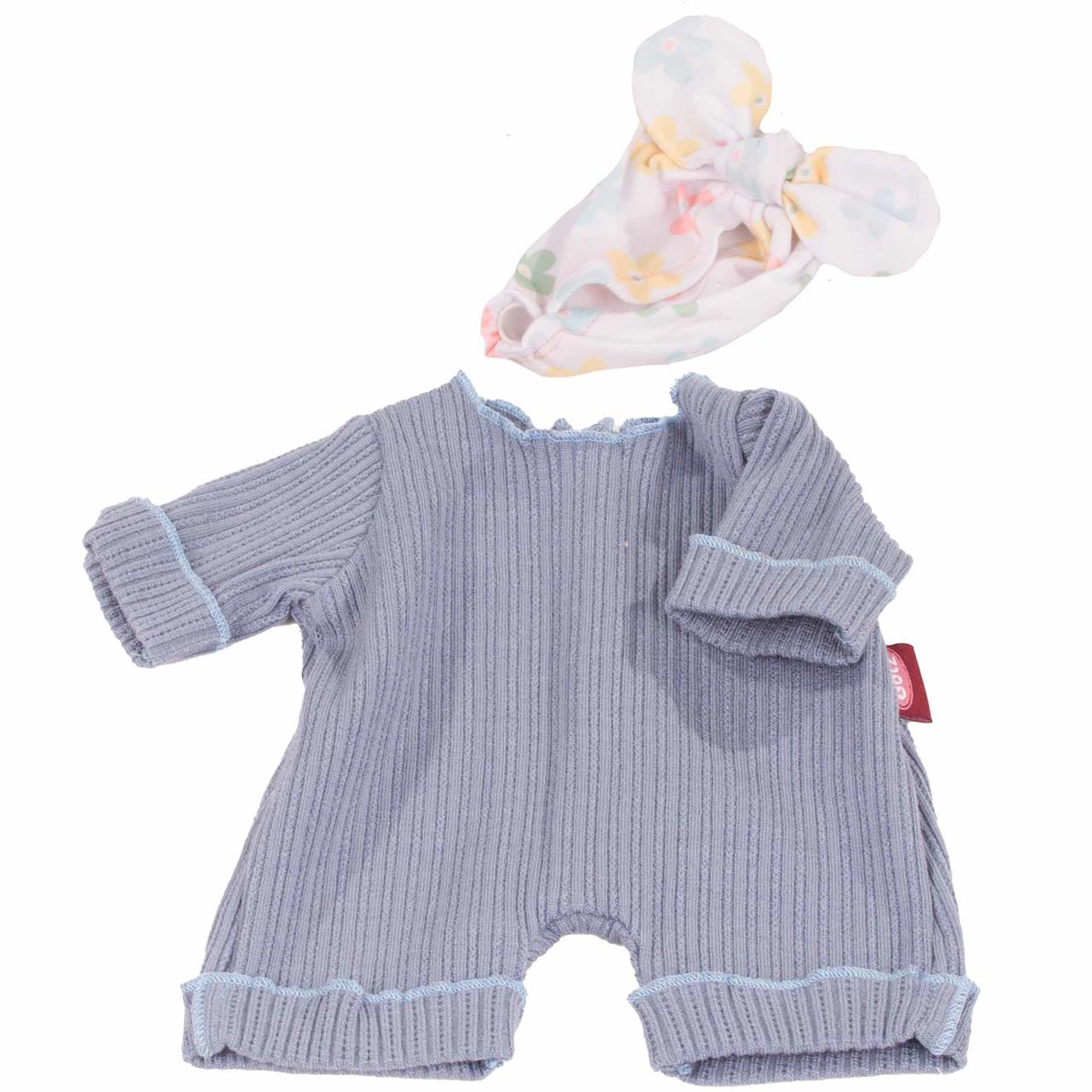 Das Bild zeigt einen gestrickten, hellblauen Strampler für Babys. Dazu gehört ein weißes Stirnband mit buntem Blumenmuster.