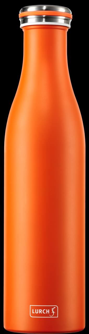 Dies ist eine orangefarbene Isolierflasche aus Edelstahl mit einem Fassungsvermögen von 0,75 Litern. Sie hat einen silbernen Schraubverschluss und trägt das Logo der Marke Lurch.