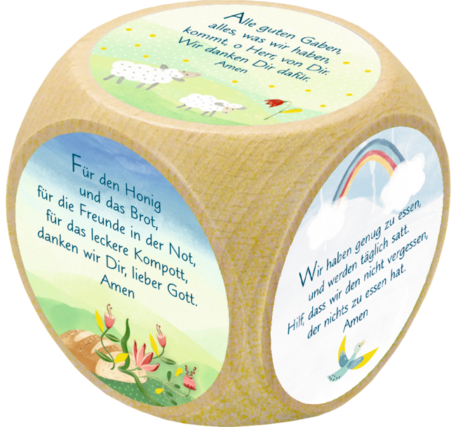 Abgebildet ist der Holzwürfel 'Alle guten Gaben'. Er eignet sich als kleines Geschenk mit christlicher Botschaft.