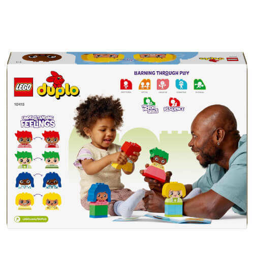 Ein kleines Kind und ein Erwachsener spielen gemeinsam mit LEGO Duplo-Bausteinen. Auf der Verpackung stehen die Themen "Gefühle verstehen" und "Lernen durch Spielen" im Vordergrund.