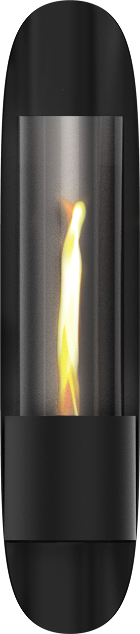 Das Bild zeigt das Produkt "Cycloflame Wall Black (Wandfeuer)". Es handelt sich um eine elegante schwarze Wandfeuerstelle mit einer sichtbaren Flamme hinter Glas.