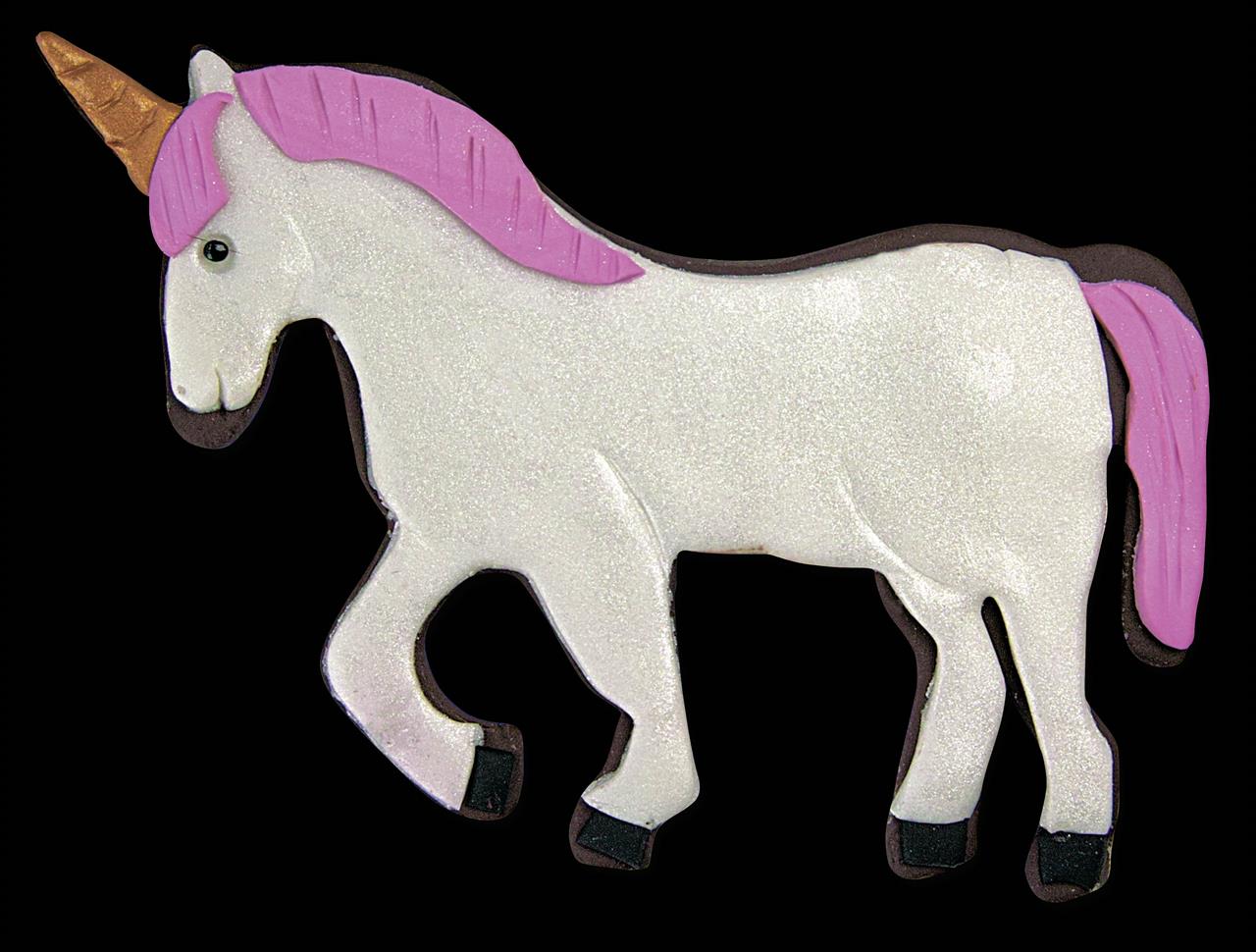 Das Bild zeigt einen Keks in Form eines Einhorns, der mit weißer, pinker und goldener Glasur verziert ist. Es handelt sich um ein Motiv, das mit dem Ausstecher „Einhorn 10 cm Edelstahl“ ausgestochen wurde.
