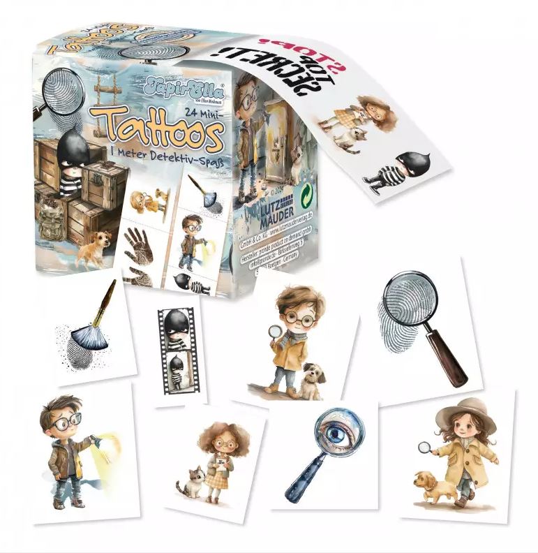Das Bild zeigt die TapirElla Tattoo-Meter Box mit Detektiv-Motiven für Kinder. Zu sehen sind verschiedene temporäre Tattoos mit Lupen, Detektiven, Hunden und weiteren Detektiv-Utensilien.