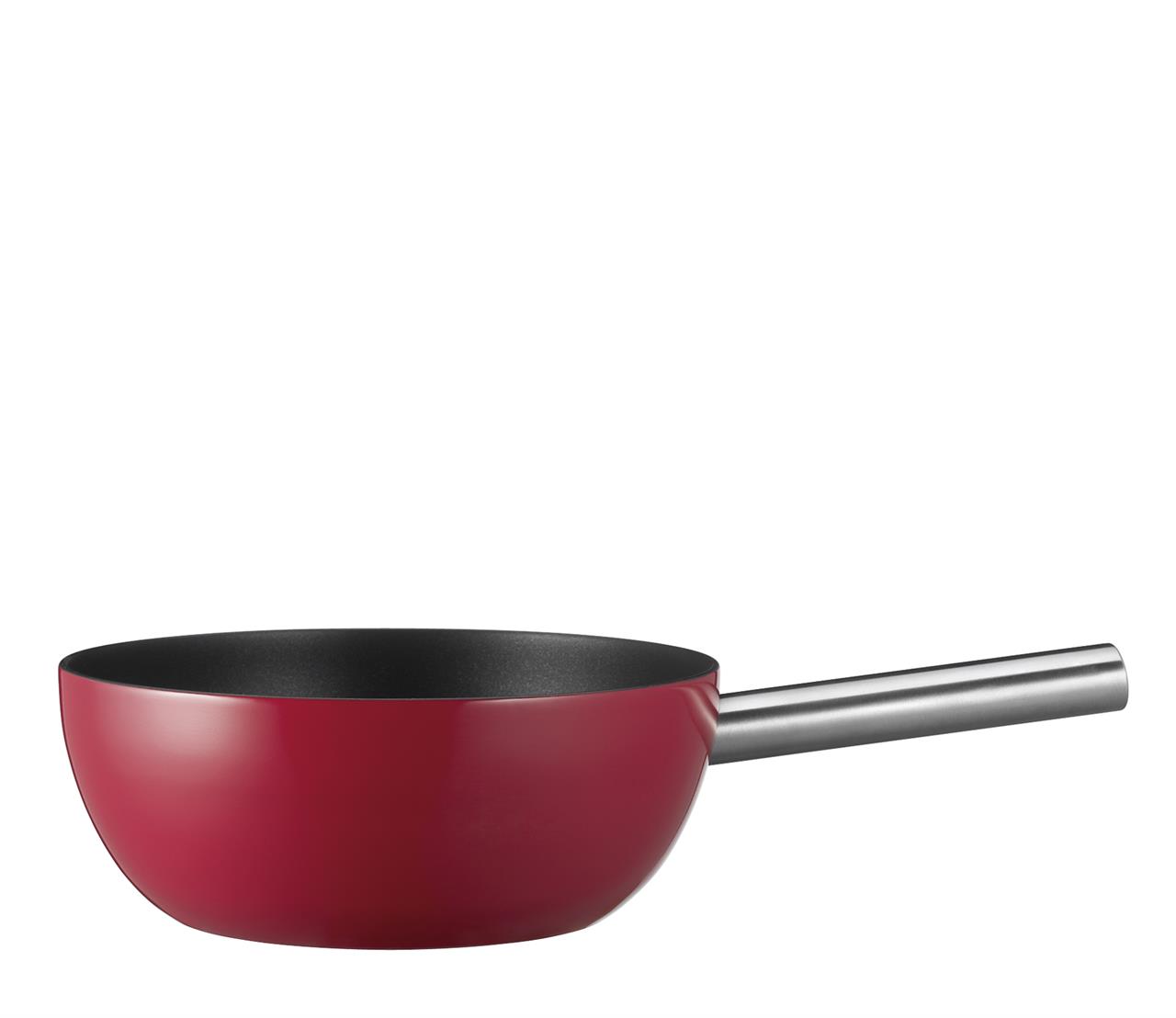 Das Bild zeigt einen roten Fondue Caquelon mit einem Durchmesser von 23 cm. Er besteht aus Aluminium und ist induktionsgeeignet.