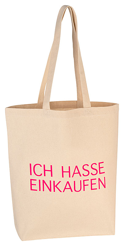 Baumwolltasche "Ich hasse einkaufen" mit den Maßen 40x39x9 cm ist zu sehen. Die Tasche bietet viel Platz und ist robust.
