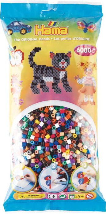 Die Verpackung zeigt das Produkt "Midi - Vollton Mix 6000 Perlen" von Hama. Im Inneren befinden sich bunte Bügelperlen zum Basteln.
