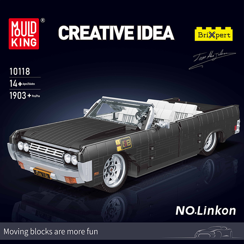 Das Bild zeigt das Produkt "Mould King® 10118 Linkon", ein schwarzes Cabrio-Auto aus Bausteinen. Es besteht aus 1903 Teilen und ist für Personen ab 14 Jahren geeignet.