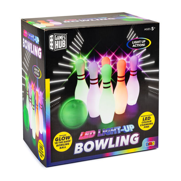 Das Bild zeigt das Produkt Glow LED Light Up Bowling. Es handelt sich um ein Bowling-Set mit LED-Leuchten.