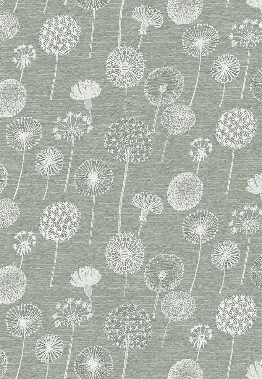 Das Bild zeigt ein Geschirr- und Gläsertuch mit dem Motiv "Pusteblume" in der Farbe Lorbeer. Auf dem Halbleinenstoff sind viele weiße Pusteblumen auf grünlichem Hintergrund abgebildet.