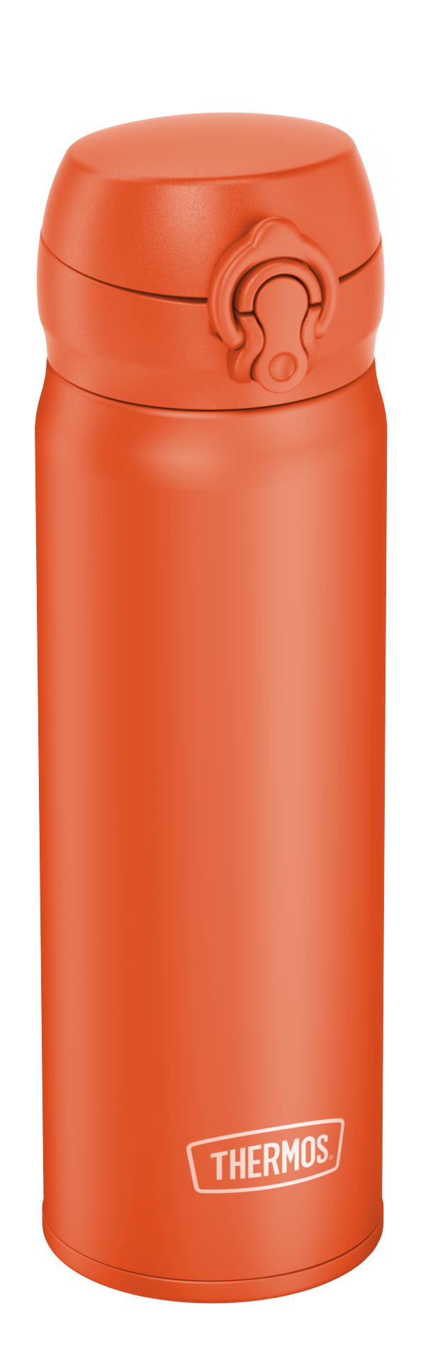 Silberner Thermobecher mit glatter Oberfläche. Das Produkt ist für Getränke geeignet.