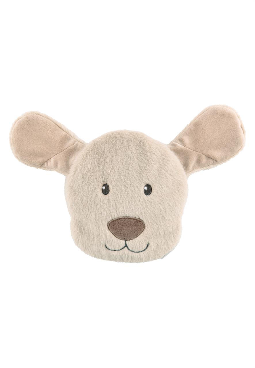 Hier ist das Wärmekissen Hund Lucky in Graubeige abgebildet. Es spendet wohlige Wärme bei Kälte.