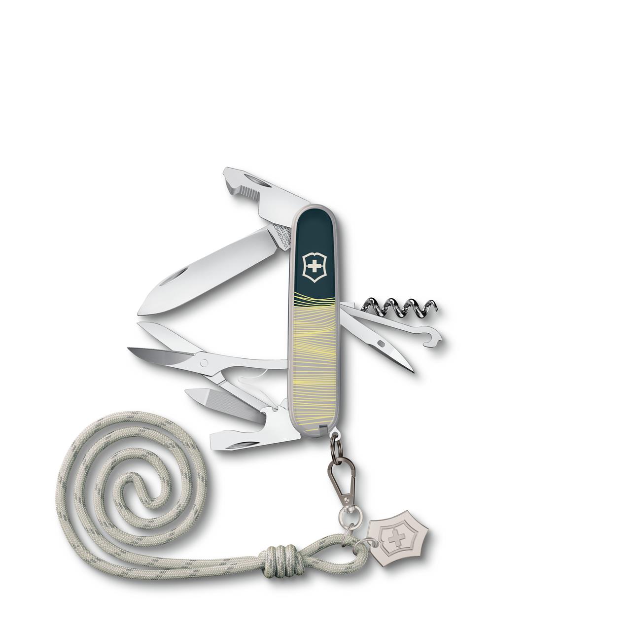 Das Bild zeigt das Companion 91mm "New York Style" Taschenmesser mit mehreren ausgeklappten Werkzeugen. Am Messer ist außerdem eine graue Kordel mit Anhänger befestigt.