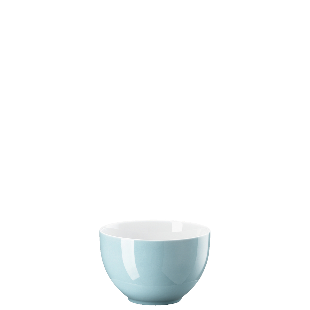 Die Abbildung zeigt eine Müslischale mit einem Durchmesser von 12 cm und einem Fassungsvermögen von 0,45 Litern. Die Schale ist außen in einem sanften Blau (Sunny Day / Soft Blue) und innen weiß.