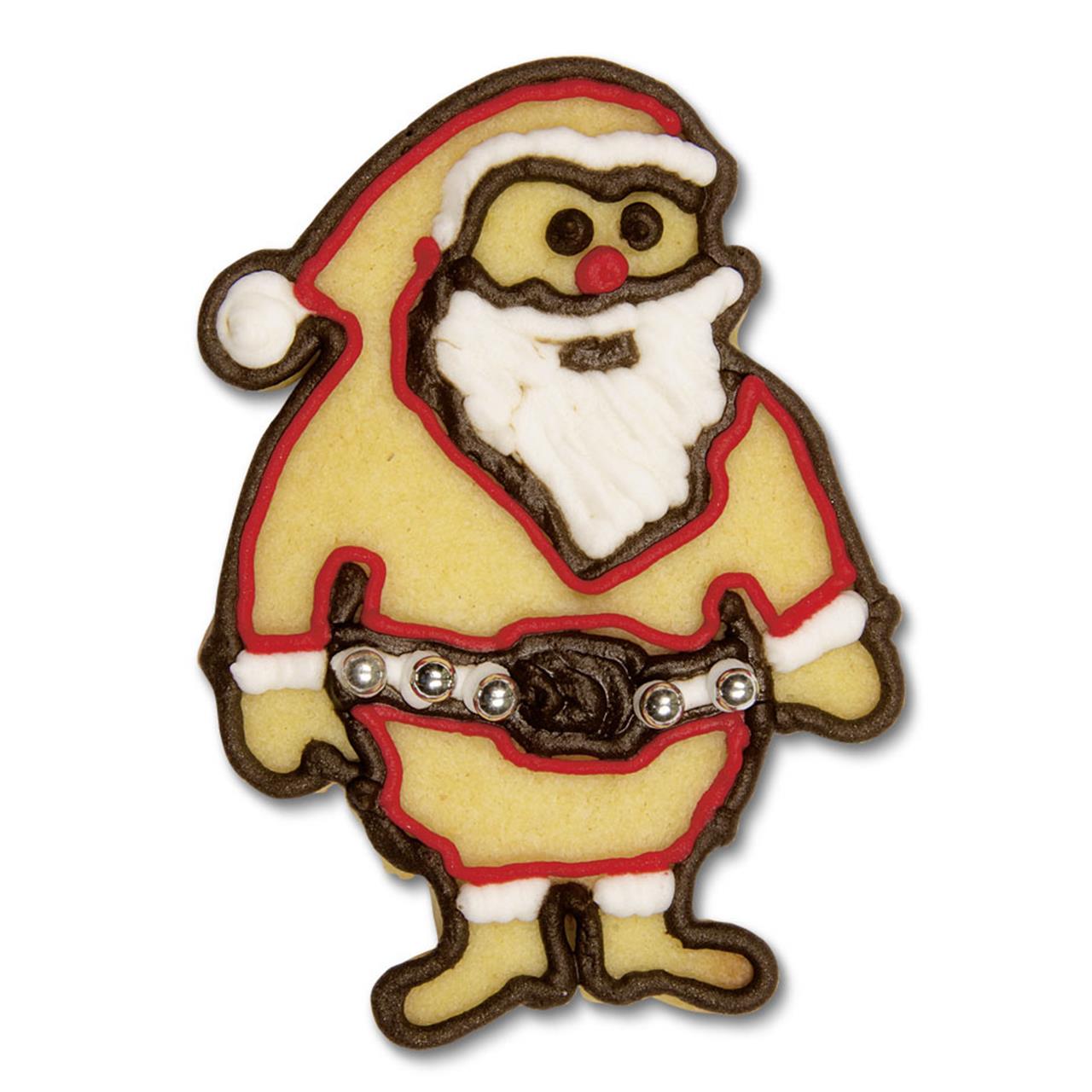 Das Bild zeigt einen gebackenen Keks in Form eines Weihnachtsmanns, verziert mit bunter Zuckerschrift. Der Keks ist etwa 9 cm groß und trägt die klassischen Merkmale des Weihnachtsmanns.