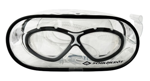 Auf dem Bild ist eine Schwimmbrille mit einem schwarzen Rand zu sehen. Sie trägt die Marke "Schildkröt" auf der Vorderseite.