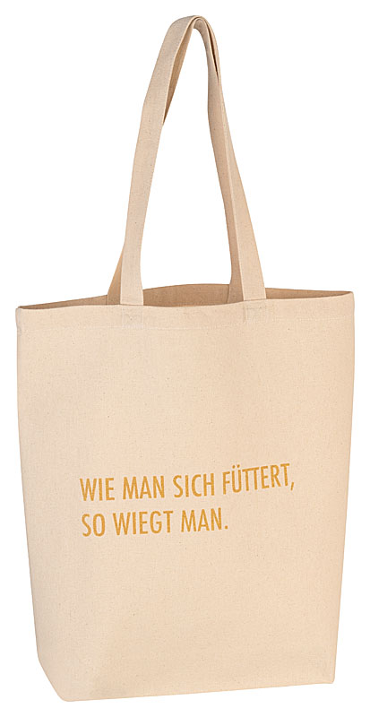 Baumwolltasche "Wie man sich füttert,...." in der Größe 40x39x9 cm wird abgebildet. Die Tasche besteht aus Baumwolle und ist praktisch für unterwegs.