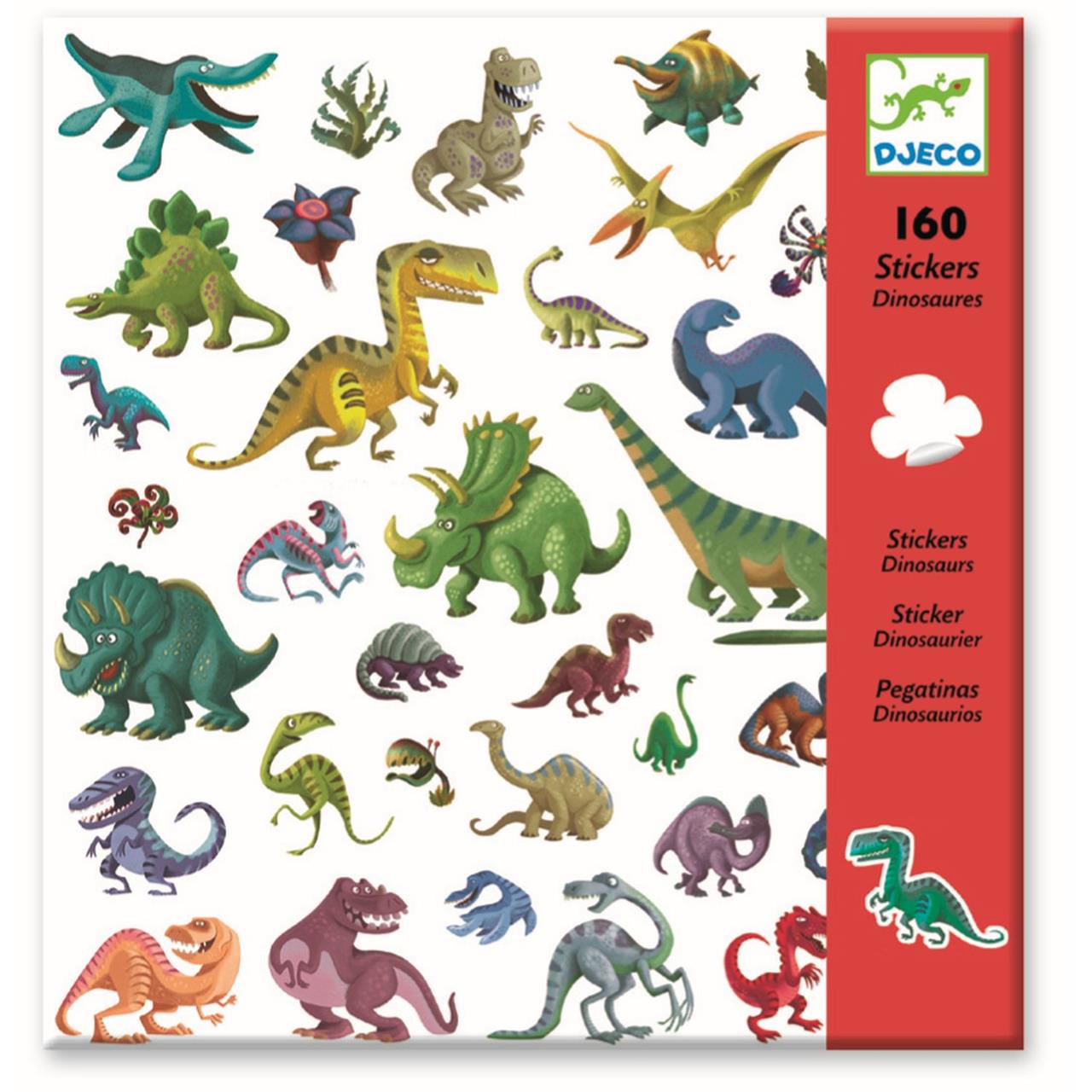 Das Bild zeigt eine Packung mit 160 bunten Dinosaurier-Stickern. Verschiedene lustige und farbenfrohe Dinosauriermotive sind auf dem Stickerbogen abgebildet.