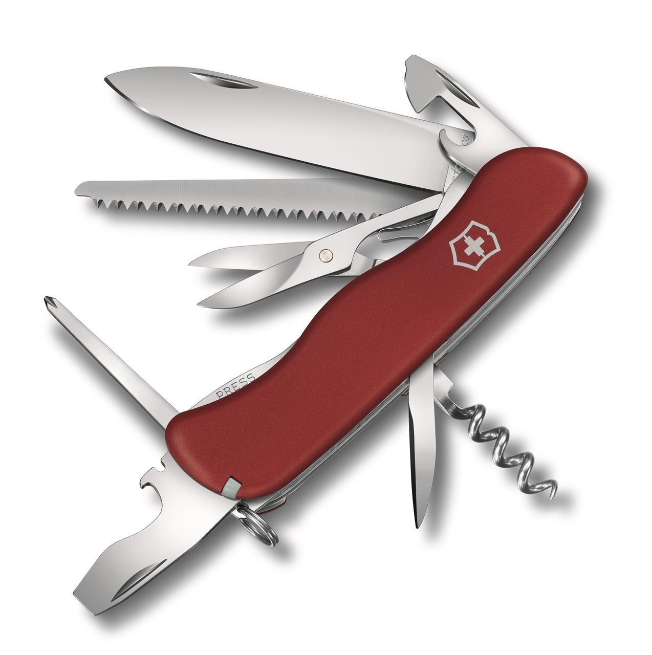 Das Bild zeigt ein rotes Schweizer Taschenmesser mit mehreren ausgeklappten Werkzeugen. Es handelt sich um das Modell "Forester 111mm rot" von Victorinox.