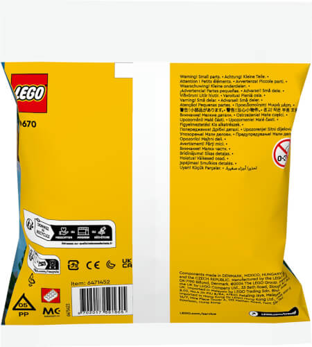Die Rückseite einer LEGO-Verpackung ist abgebildet. Es sind Warnhinweise und Herstellerinformationen aufgedruckt.
