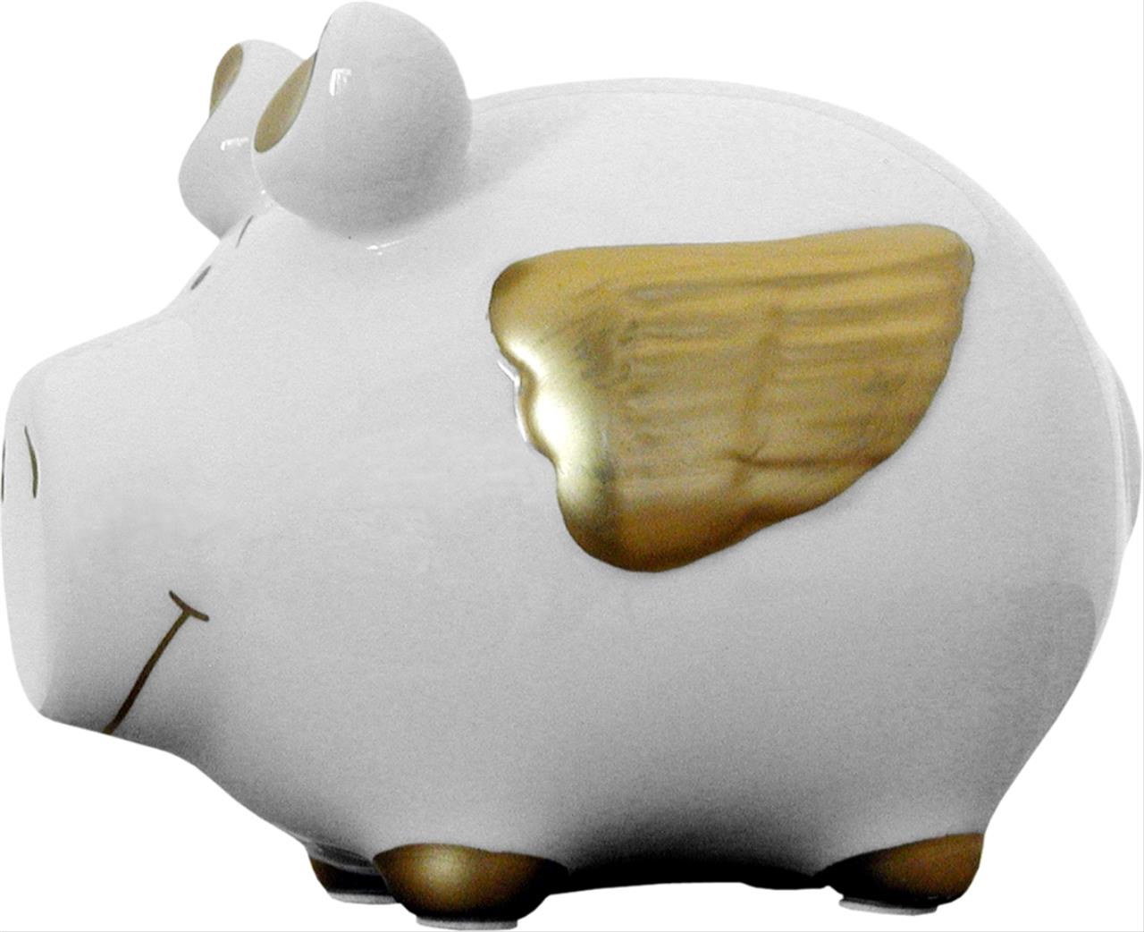 Das Bild zeigt ein Sparschwein in Weiß mit goldenen Engelsflügeln. Es hat ein freundliches Gesicht und goldene Akzente an den Füßen.