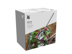 Die Abbildung zeigt die Verpackung des Produkts "Set 3 Salat klein TAVERNO". Auf der Verpackung ist eine Schüssel mit Salat und Salatbesteck abgebildet.