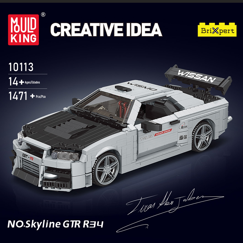 Das Bild zeigt das Baukastenset „Mould King® 10113 Skylime GT R34“. Das Set besteht aus 1471 Teilen und ist für Personen ab 14 Jahren geeignet.