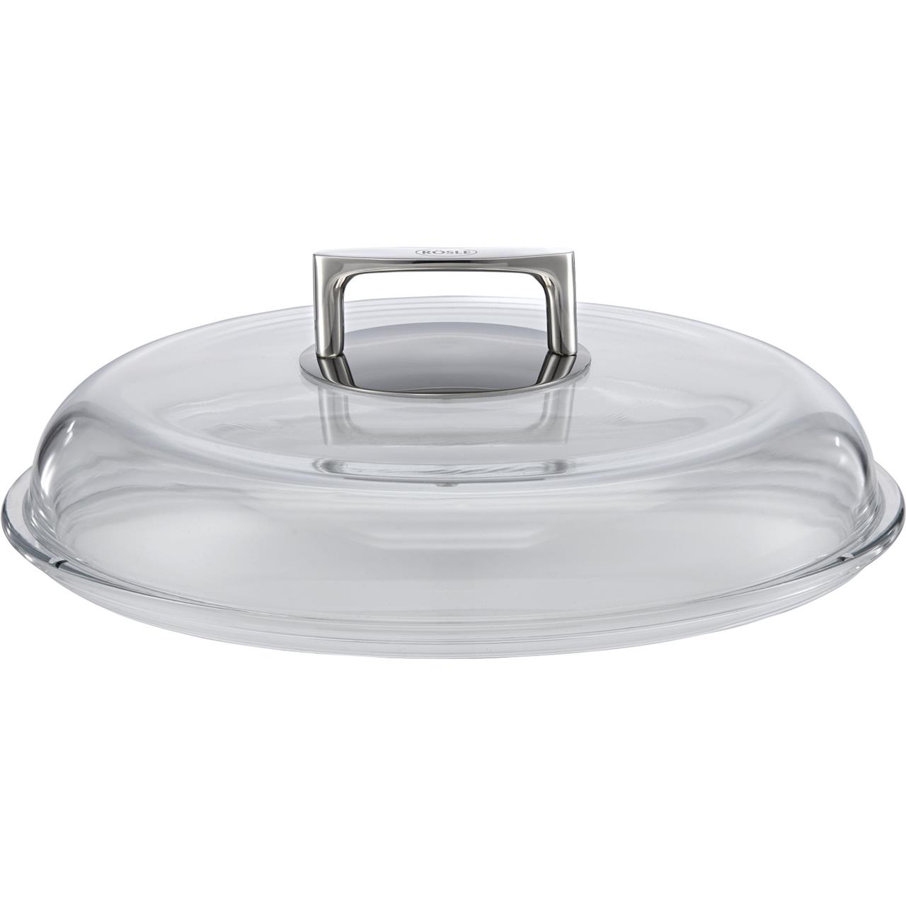 Dies ist ein Glasdeckel aus Borosilikat mit einem Durchmesser von 32 cm. Er hat einen stabilen Metallgriff in der Mitte.