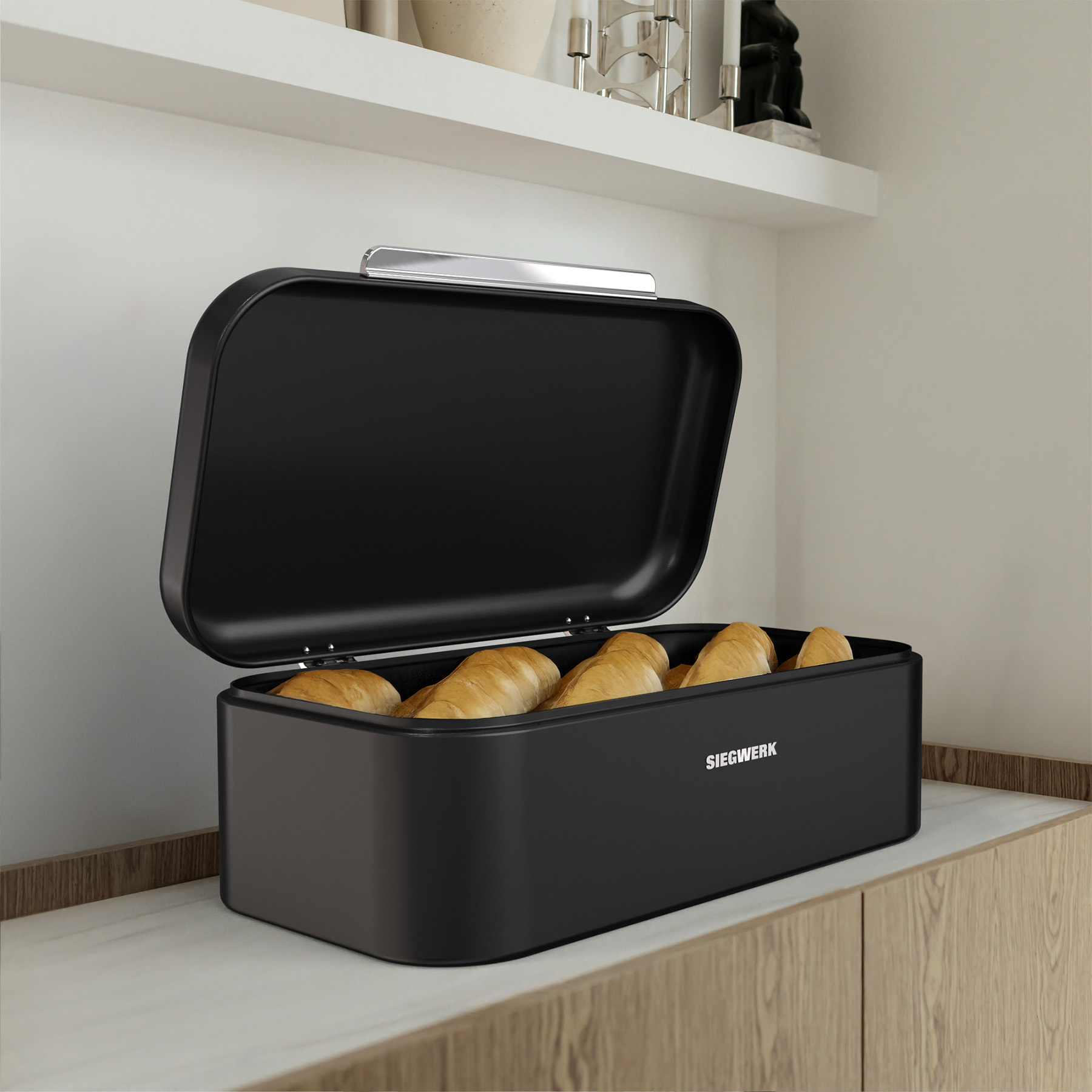 Abgebildet ist der Brotkasten Panova Night Echo in voller Ansicht. Er vereint Funktionalität und Design.