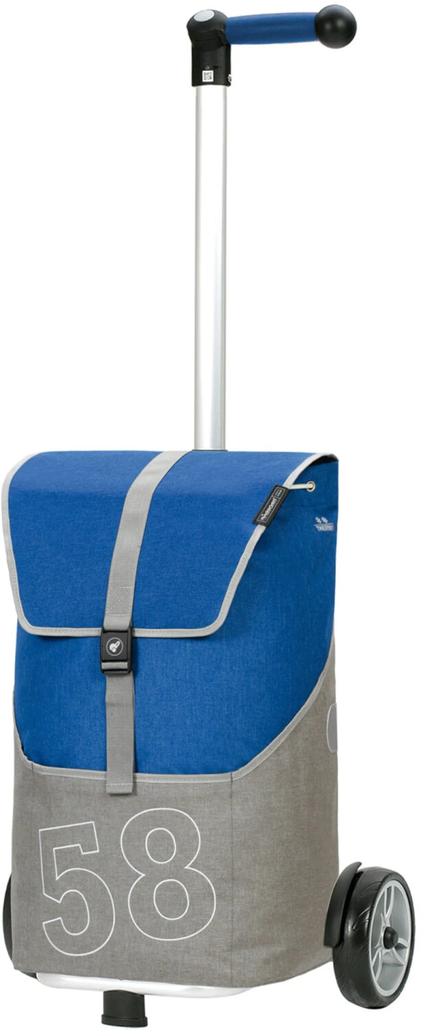 Abgebildet ist der Unus Shopper Fun Filip Blau. Dieser Einkaufswagen hat ein modernes Design und bietet viel Stauraum.