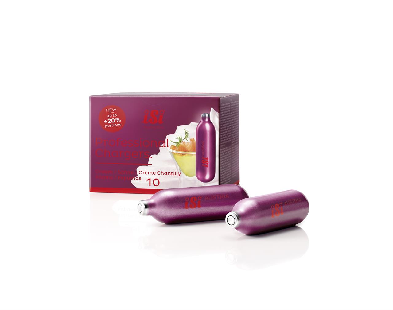 Auf dem Bild ist eine Packung "Sahnekapseln 10 Stück Professional Chargers" zu sehen. Vor der Packung liegen zwei lilafarbene Sahnekapseln.