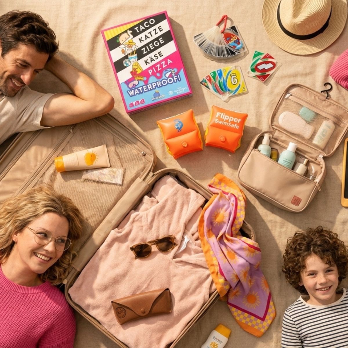 Das Bild zeigt das Thema 'Packe Koffer'. Es ist ein Symbol für das Packen von Koffern oder das Reisen.