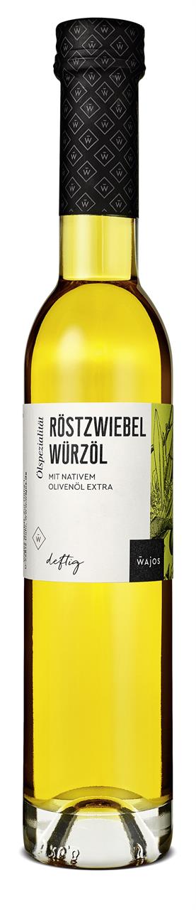 Das Bild zeigt eine Flasche Röstzwiebel Würzöl mit 250 ml Inhalt. Die Flasche hat ein schlichtes Etikett und ist mit einem schwarzen Verschluss versehen.