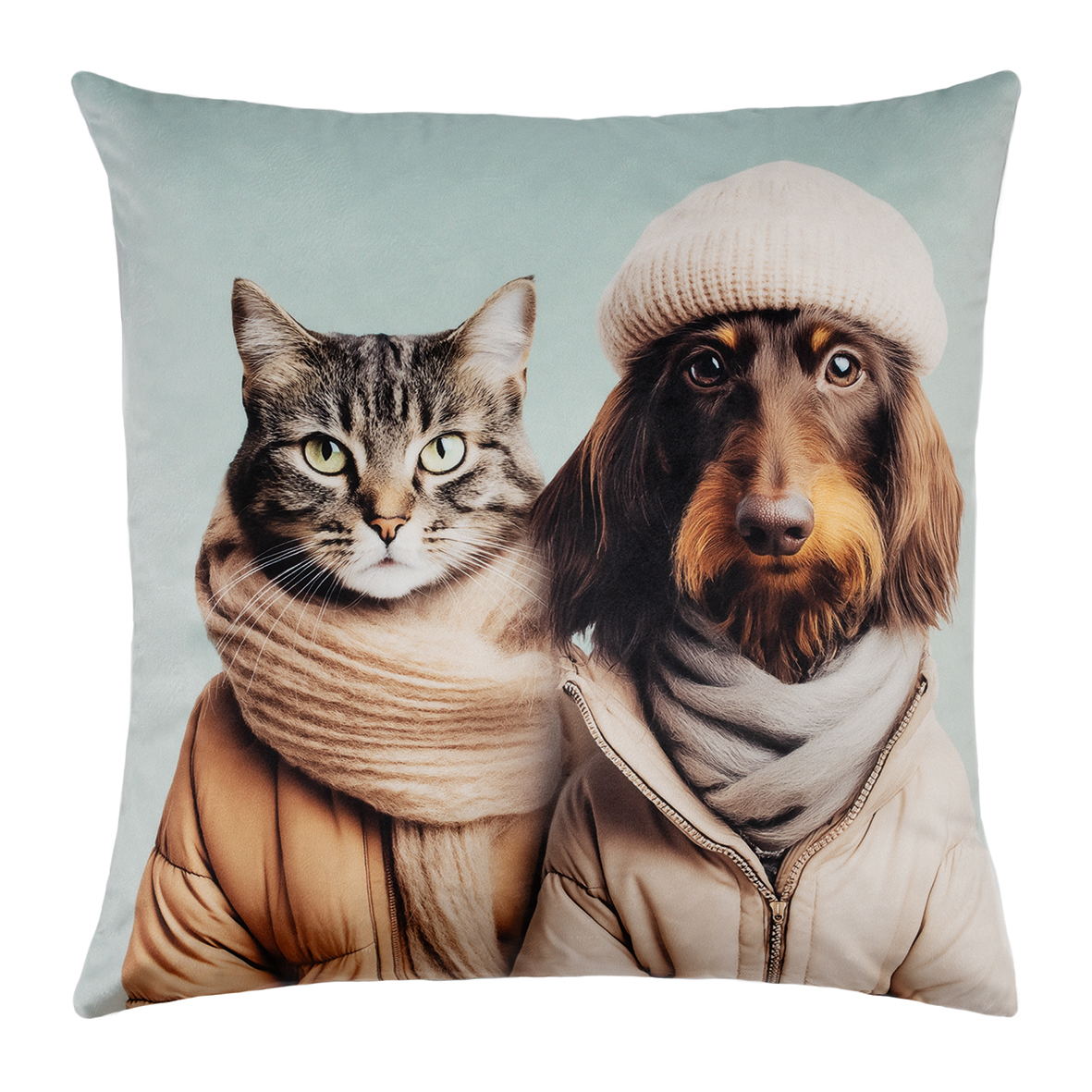Abgebildet ist das Kissen 'CAT LOVES DOG' in der Farbe Mint, ca. 45 x 45 cm. Es ist ein modisches Sofakissen mit tierischem Motiv.