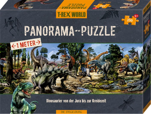 Auf dem Bild ist ein Panorama-Puzzle mit Dinosauriern aus verschiedenen Epochen zu sehen. Die Verpackung zeigt eine bunte Dinosaurierlandschaft und gibt an, dass das Puzzle 250 Teile hat und einen Meter lang ist.