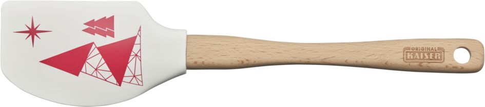 Der Teigschaber „Merry Christmas weiß“ hat einen weißen Schaber mit roten Weihnachtsmotiven. Er besitzt einen Holzgriff mit dem Aufdruck "Original Kaiser".