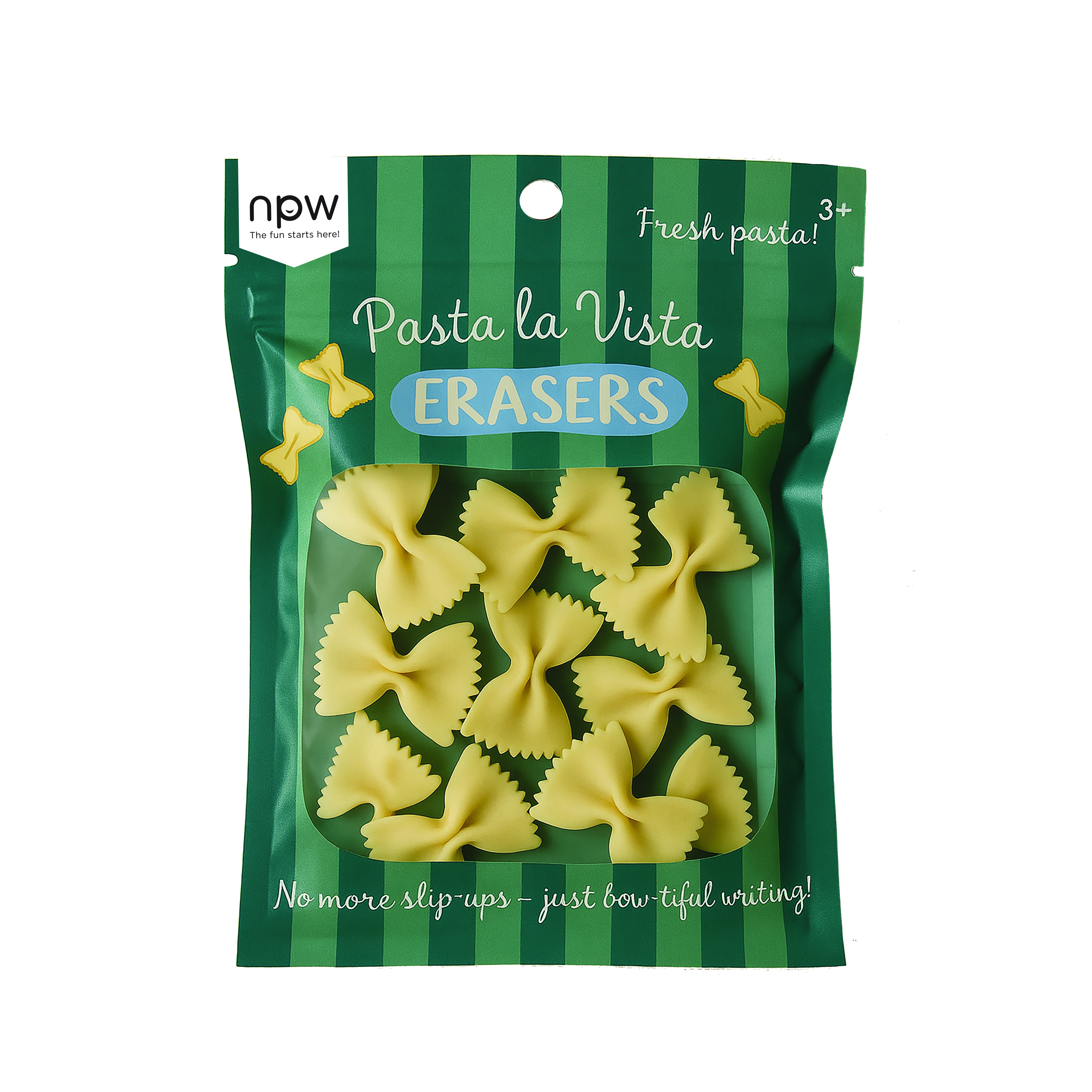 Die Radiergummis 'Pasta la Vista' sind auf diesem Bild zu sehen. Sie sehen aus wie verschiedene Pastaformen.