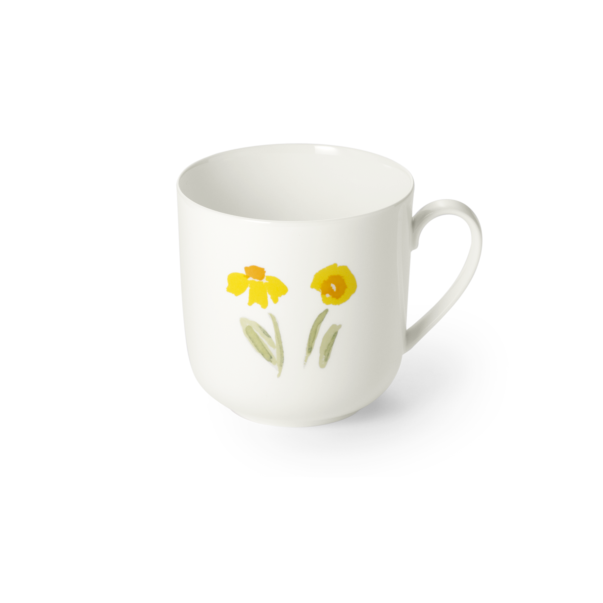 Abgebildet ist der Becher mit Henkel 0,32 l Impression Blume Gelb Fin. Der Becher hat ein gelbes Blumenmotiv und einen praktischen Henkel.