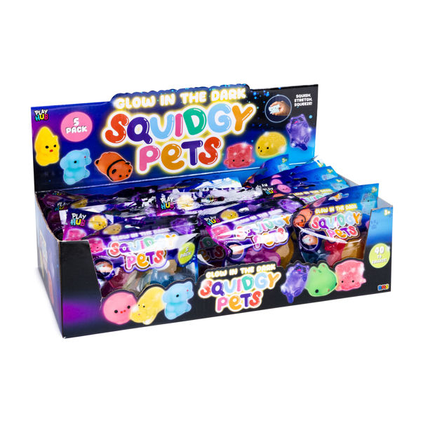 Zu sehen ist ein Set von 5 Squidgy Pets, bunten Quetsch-Tierchen. Diese Tiere leuchten im Dunkeln.