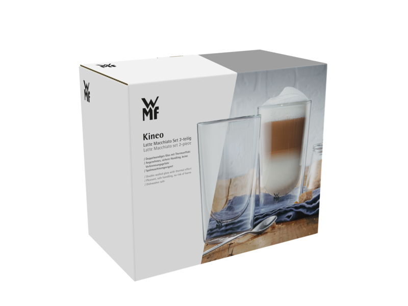 Die Verpackung zeigt das Produkt „Latte Macchiato 2tlg. Kineo“ von WMF. Auf der Vorderseite sind zwei doppelwandige Gläser abgebildet, eines davon mit Latte Macchiato gefüllt.
