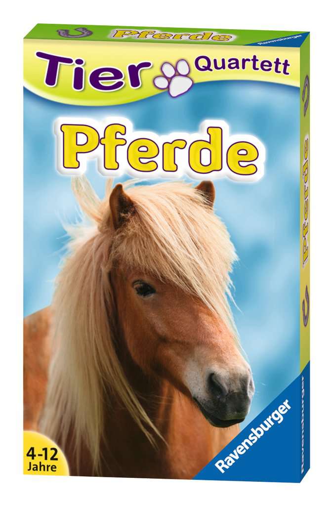 Auf dem Bild ist die Verpackung des Kartenspiels "Quartett Pferde & Ponys" von Ravensburger zu sehen. Das Cover zeigt einen braunen Pony mit heller Mähne vor blauem Hintergrund und ist für Kinder von 4 bis 12 Jahren geeignet.