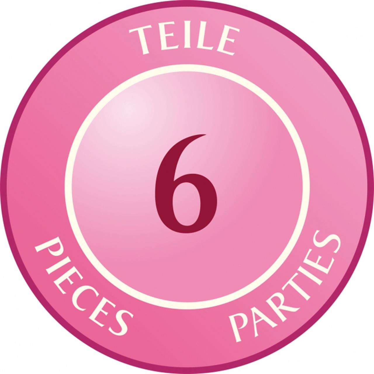 Das Bild zeigt einen runden, pinken Aufkleber mit der Zahl 6 in der Mitte. Darum herum stehen die Worte "Teile", "Pieces" und "Parties".