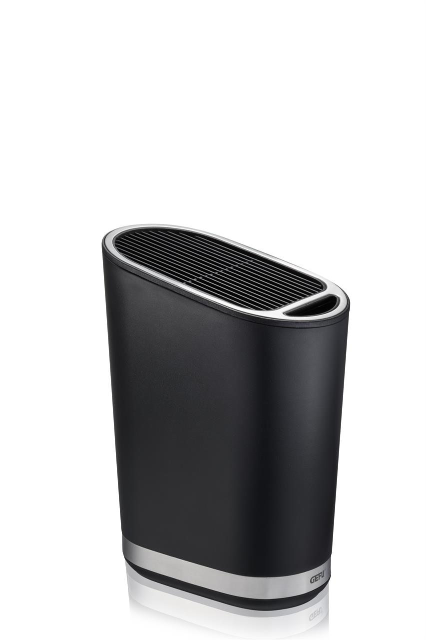 Der Messerblock "Smartline" ist modern und schlank gestaltet. Er besteht aus schwarzem Material mit einem silbernen Rand und bietet Platz für mehrere Messer.