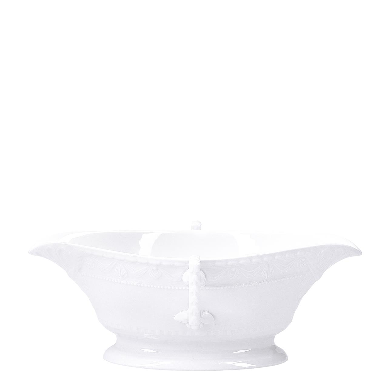 Dies ist ein weißes Sauciergefäß mit einem Fassungsvermögen von 0,44 Litern aus der Serie Kurland. Das Design ist elegant und klassisch gehalten.