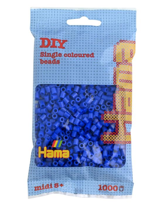 Die Verpackung zeigt blaue Perlen der Marke Hama, insgesamt 1000 Stück. Sie sind für DIY-Bastelarbeiten geeignet und empfohlen für Kinder ab 5 Jahren.
