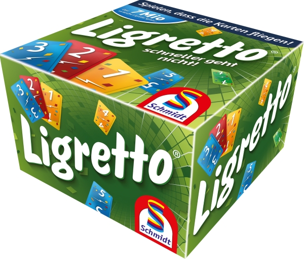 Das Bild zeigt die Verpackung des Spiels "Ligretto® grün". Auf der Schachtel sind bunte Spielkarten und das Logo von Schmidt Spiele zu sehen.