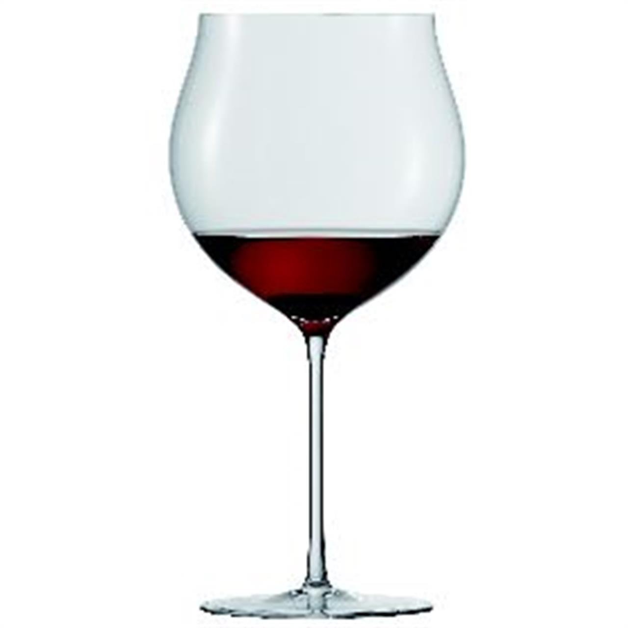 Das Bild zeigt ein großes Weinglas mit etwas Rotwein darin. Es handelt sich um das Produkt "Burgunder Grand Cru 140, 962 ml, Enoteca".