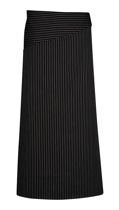 Die Abbildung zeigt eine schwarze Halbschürze mit weißen Nadelstreifen. Die Schürze verfügt über eine seitliche Tasche.