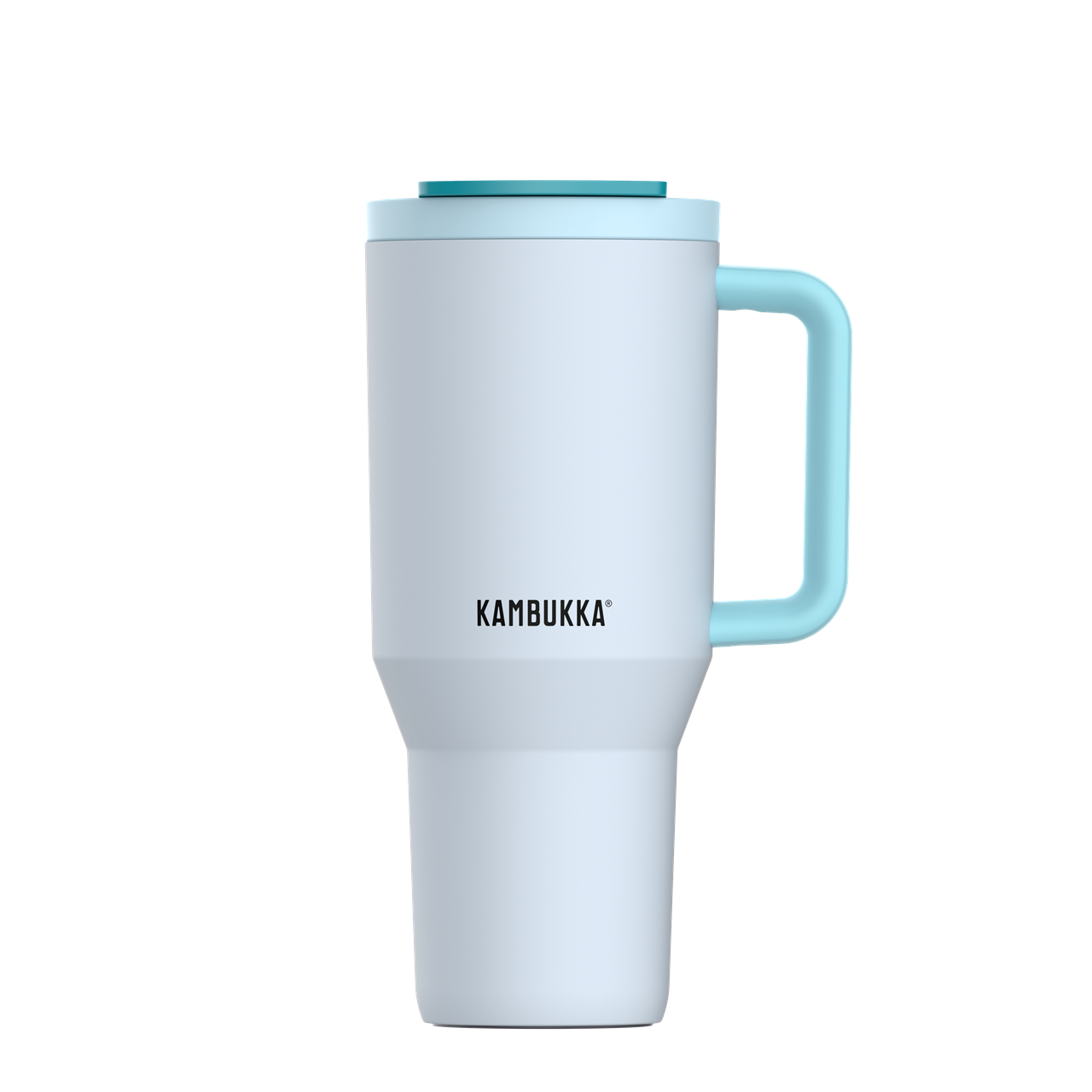 Auf dem Bild ist ein großer Trinkbecher mit Henkel in der Farbe Frosty Coconut zu sehen. Der Becher hat ein Fassungsvermögen von 950 ml und trägt die Aufschrift "KAMBUKKA".