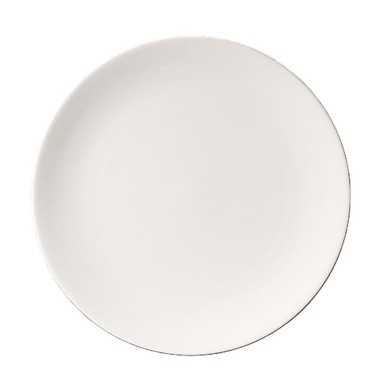 Teller flach 32 cm Pure Weiss Fine Bone China ist auf diesem Bild zu sehen. Es handelt sich um einen flachen, weißen Teller aus Fine Bone China.