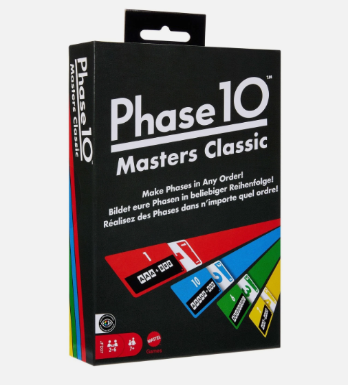 Das Bild zeigt das Kartenspiel Phase 10 Masters Classic. Es ist ein Strategiespiel für mehrere Spieler.